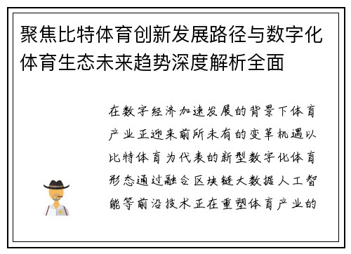 聚焦比特体育创新发展路径与数字化体育生态未来趋势深度解析全面
